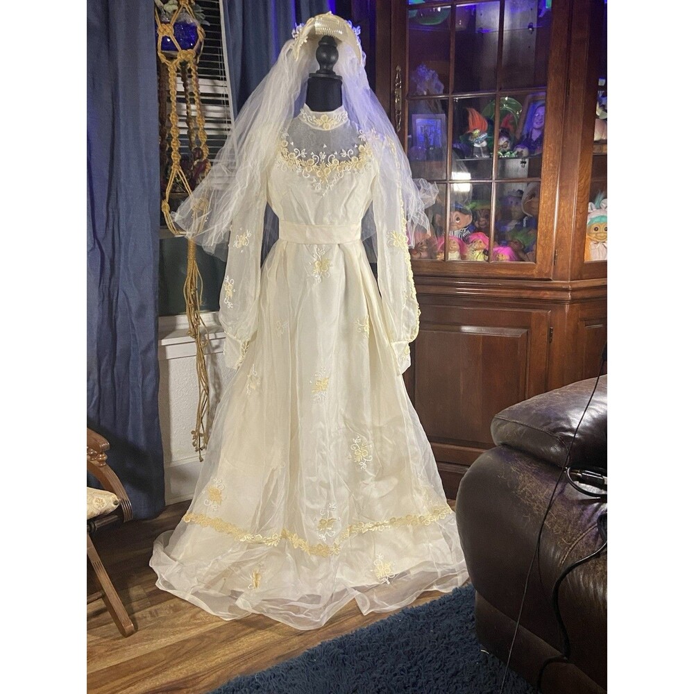 Vintage 1960s Bianchi Wedding Dress Lace Illusion Sleeves Button Back Veil (Sm)